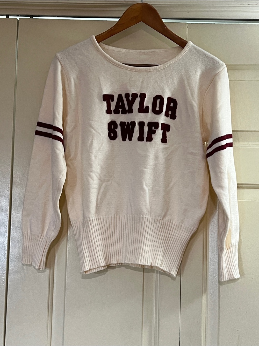 Taylor Swift Era Varsity Cream Crewneck Sweater w/ Burgundy Letters Size Small